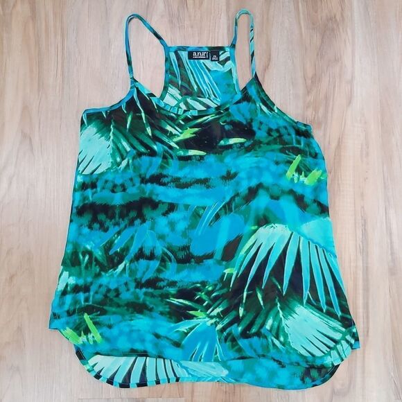 🔺️ANA Green & Blue Tropical Print Sleeveless Top Petite Small - Picture 1 of 10